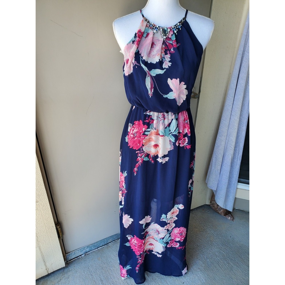 Crystal Doll Maxi Dress Womens Small Navy Floral Beaded Neck Sleeveless Lined